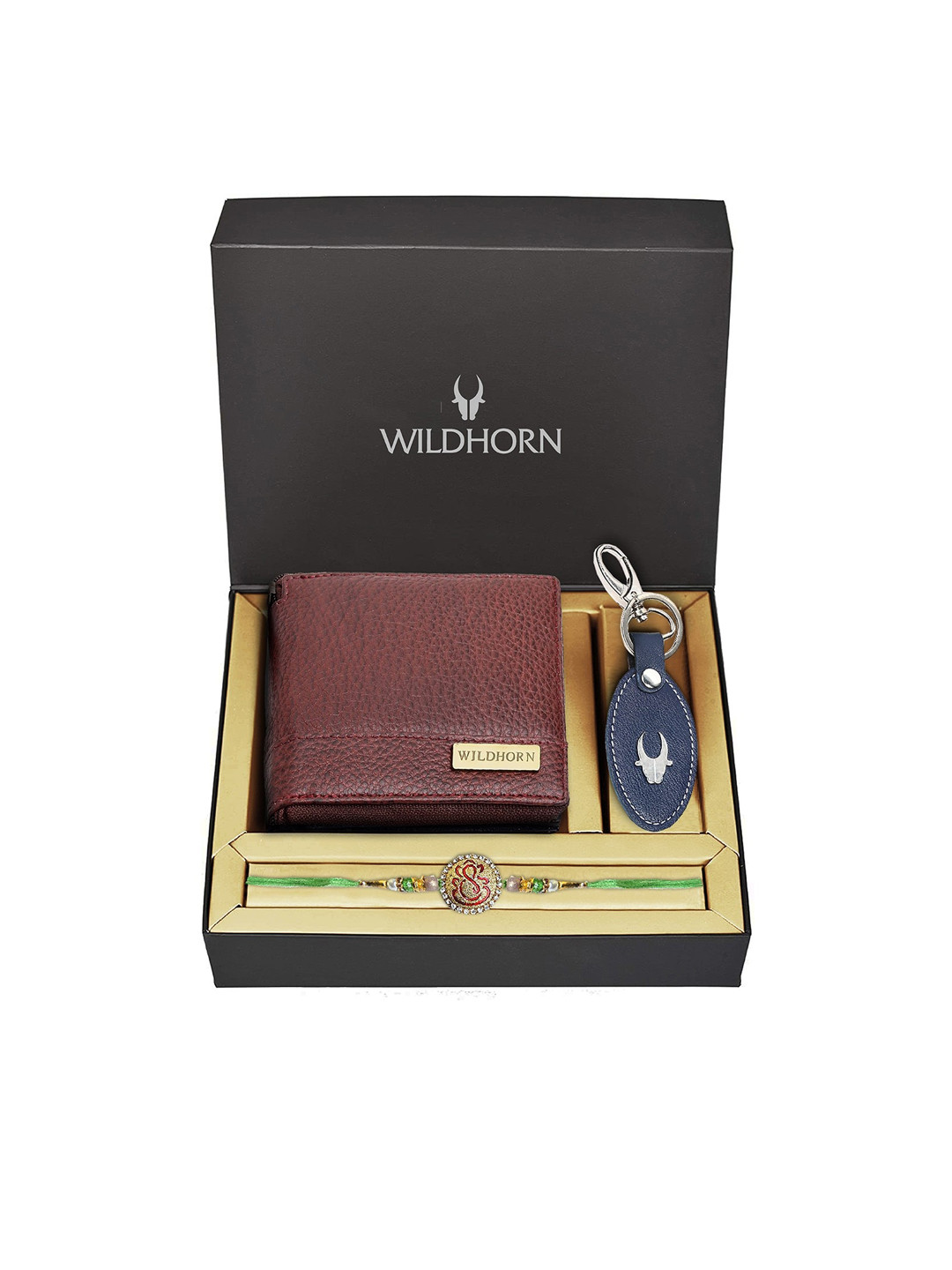 WildHorn Men Maroon & White Stone-Studded & Beaded Genuine Leather Rakhi Combo Gift Set