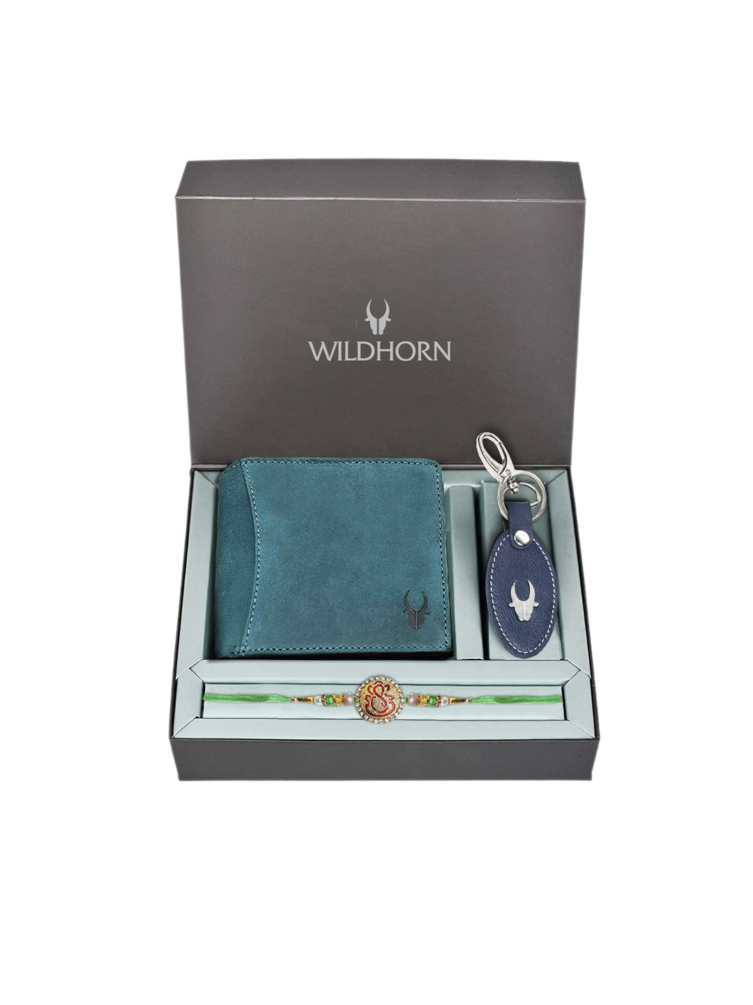 WildHorn Men Blue Wallet and Keychain With Rakhi Combo Gift Set