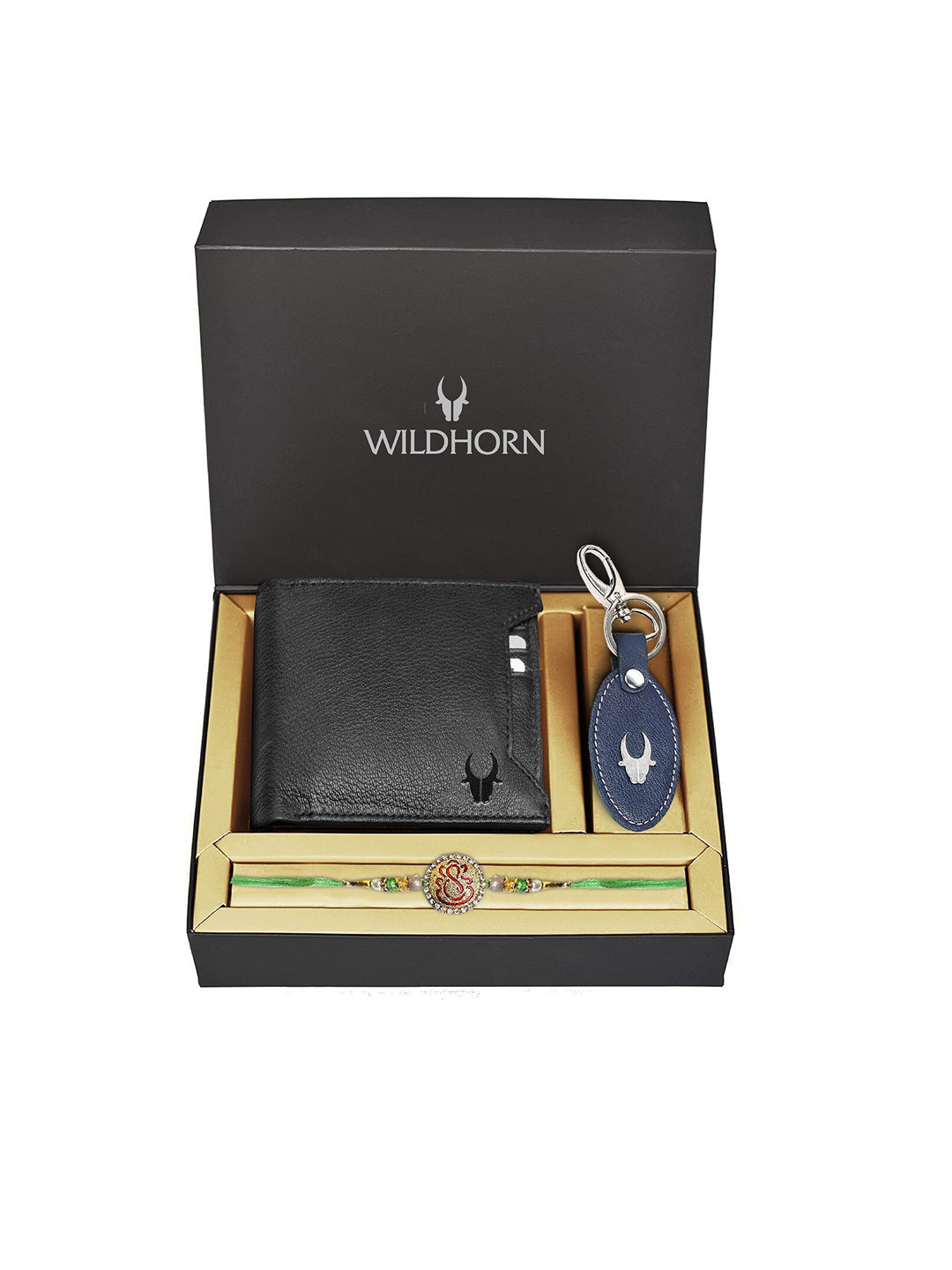 WildHorn Men Black Wallet And Blue Keychain With Rakhi Combos Gift Set