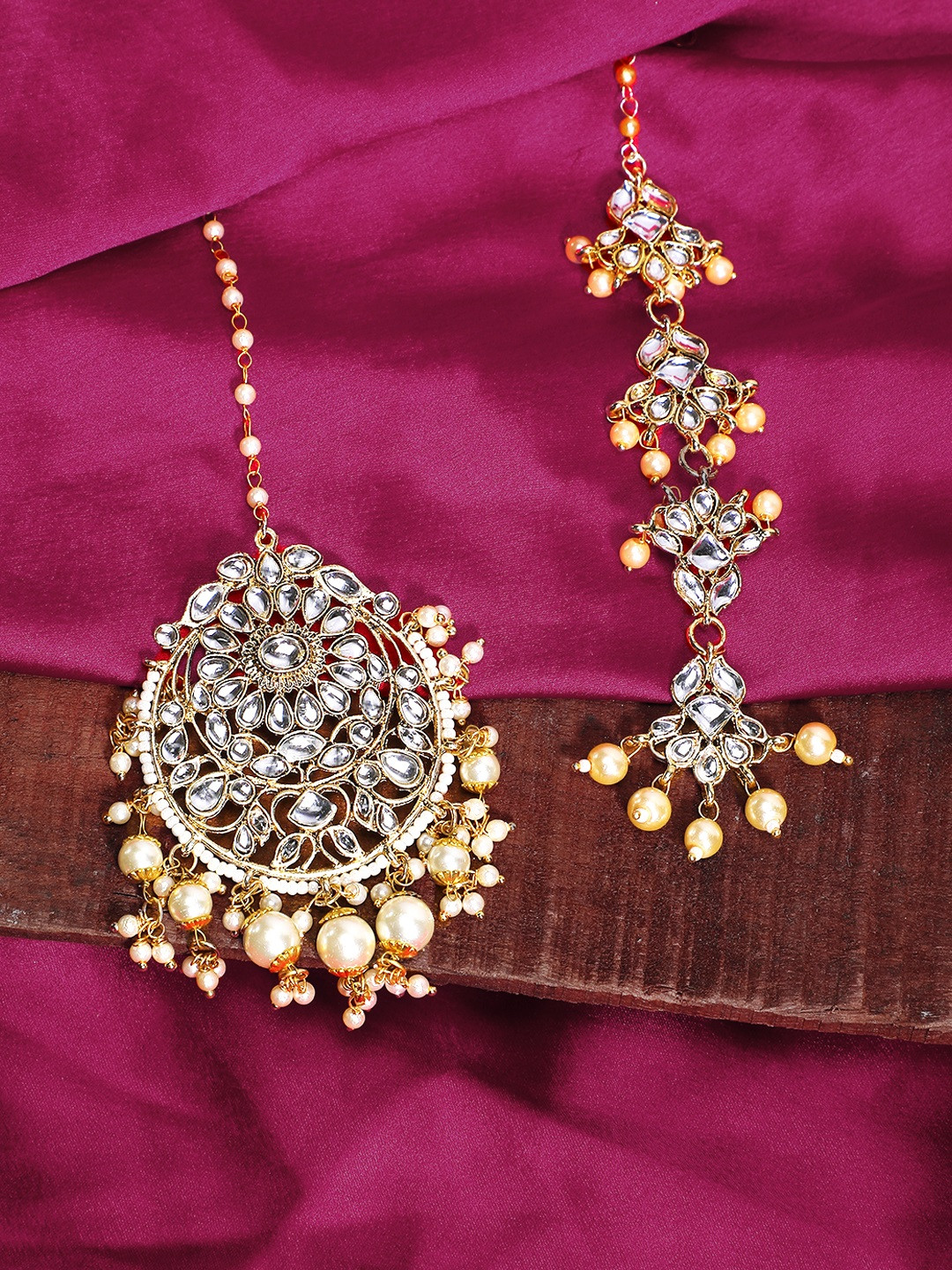 Yellow Chimes Set Of 2 Gold-Plated White & Cream-Toned Antique Maang Tikka