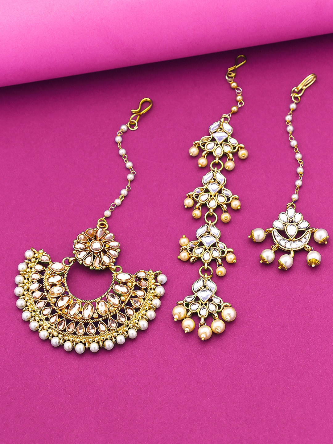 Yellow Chimes Set Of 3 Gold-Plated White & Cream-Coloured Antique Maang Tikka