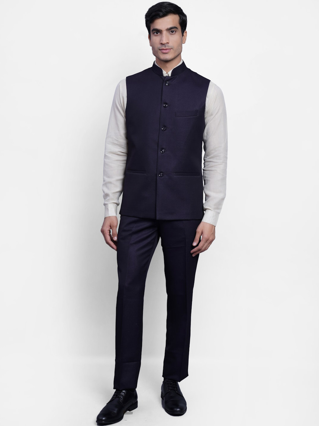 Wintage Men Violet Solid Bandhgala Blazer with Trousers