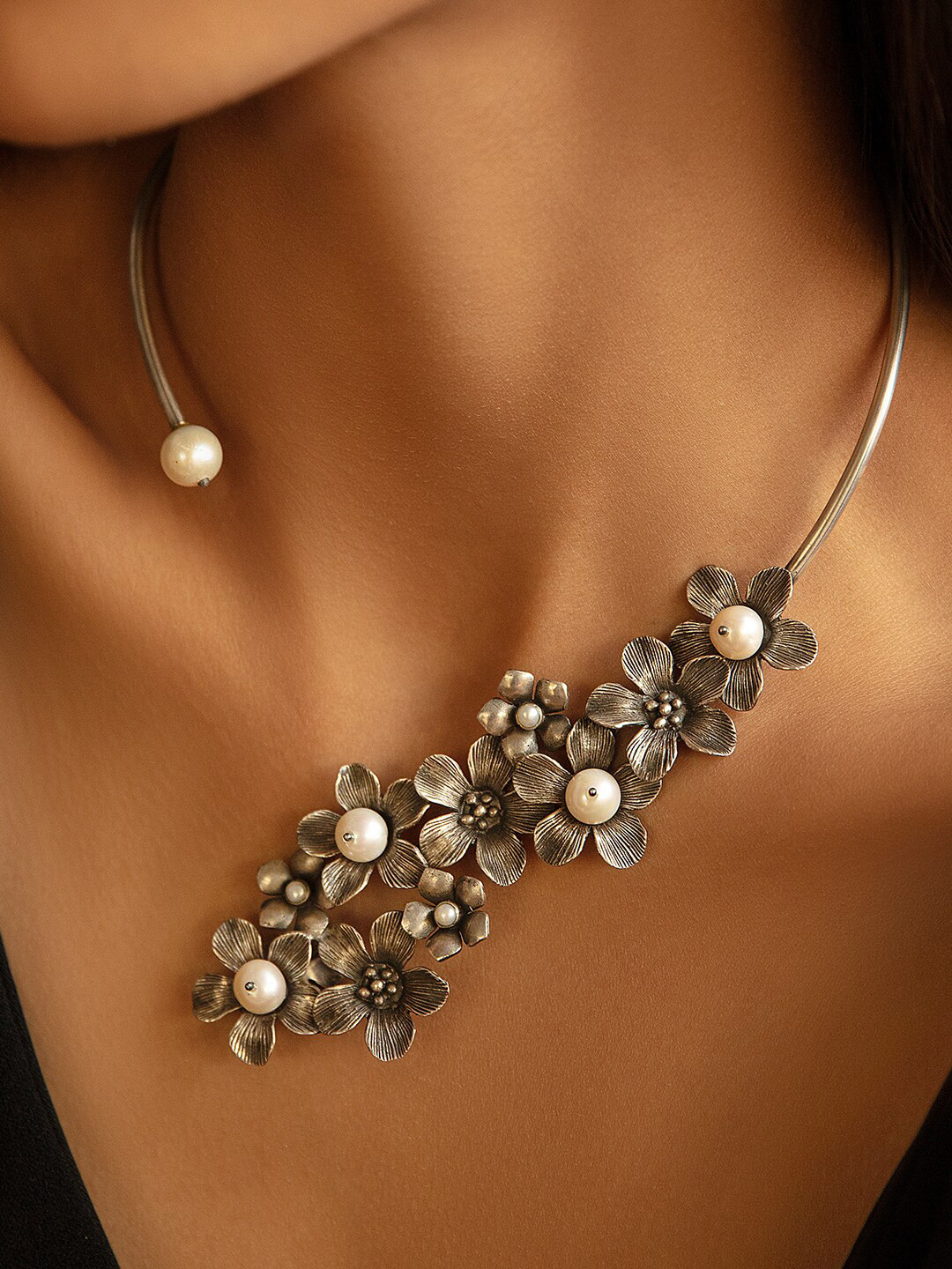 SHAYA Silver-Toned & White Pearl Statement Necklace