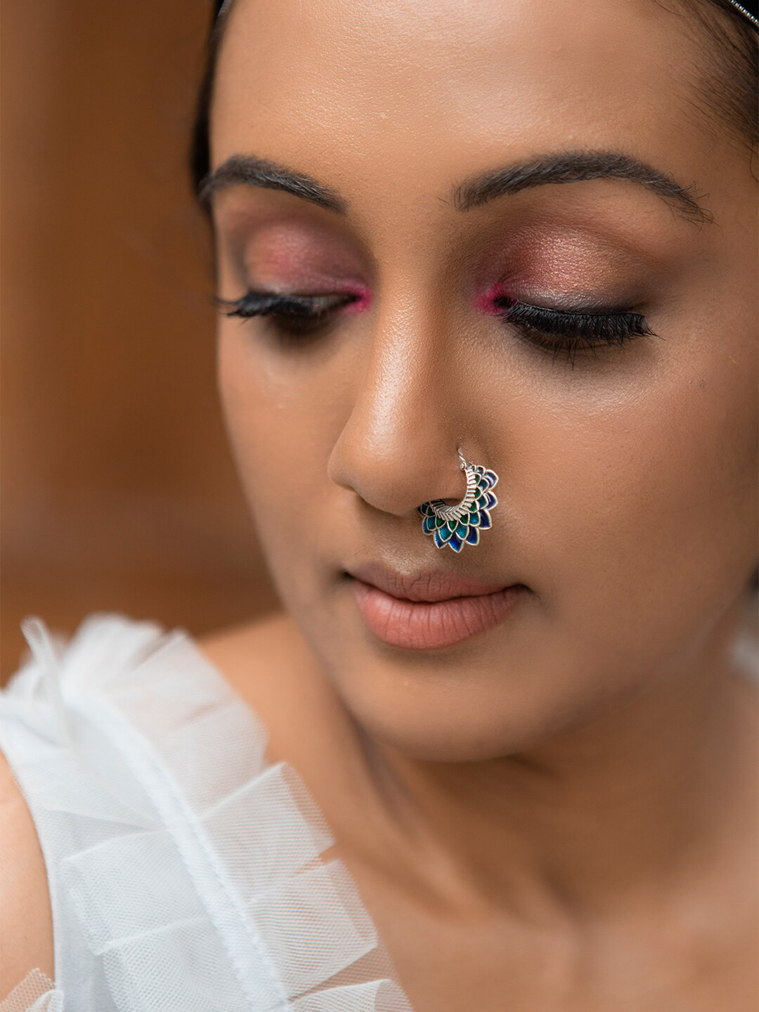 Shaya by CaratLane Oxidized Silver-Toned & Blue Enameled Handcrafted Septum Nosepin