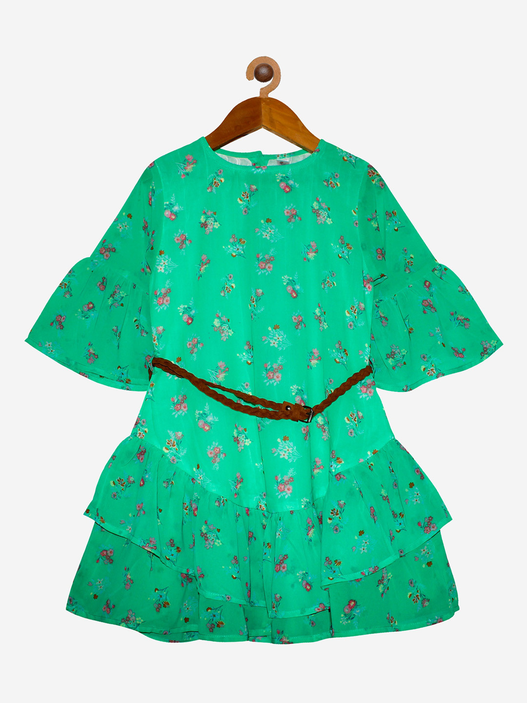 KiddoPanti Girls Green & Pink Floral Printed Layered Belted Georgette Dress