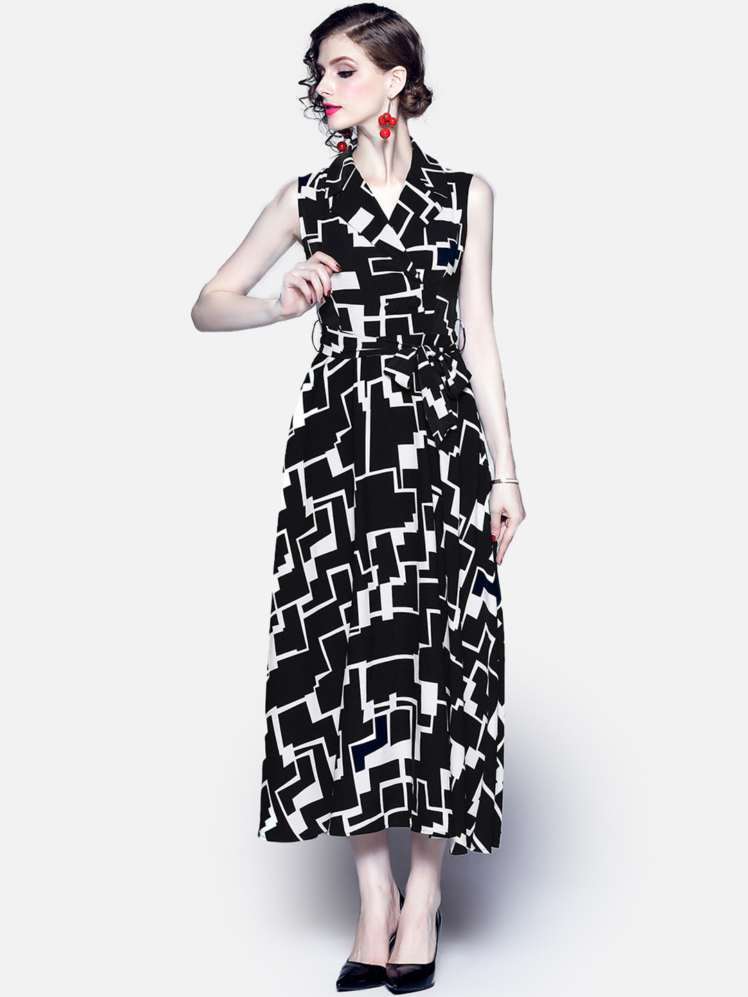 JC Collection Women Black & White Printed Belted Maxi Dress