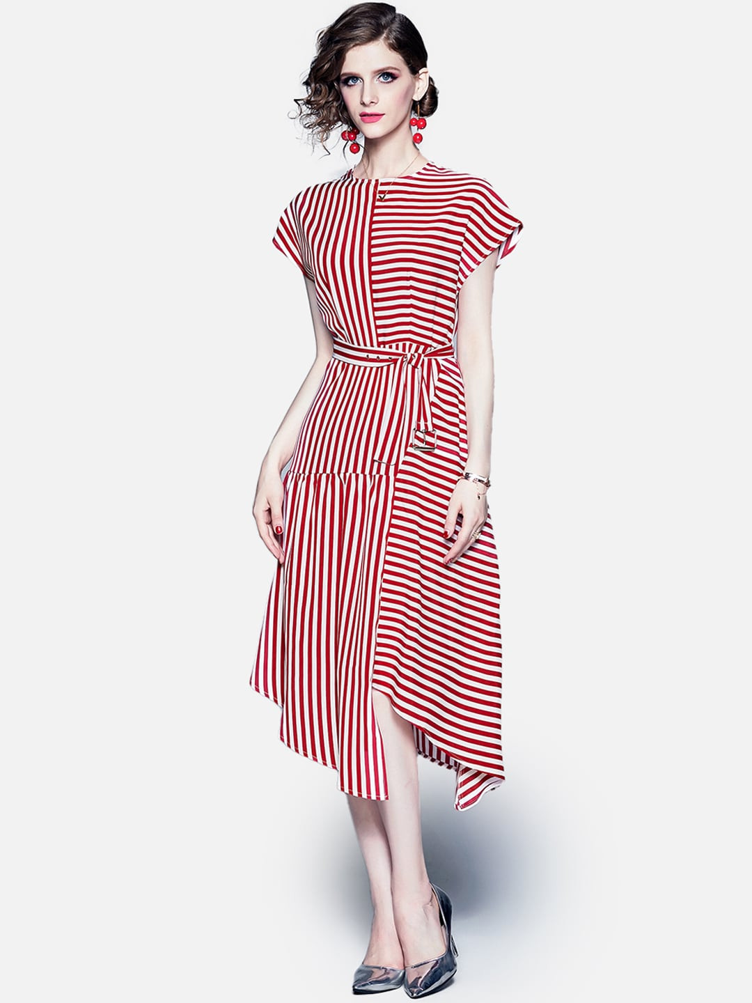 JC Collection Women Red & White Striped Belted A-Line Dress