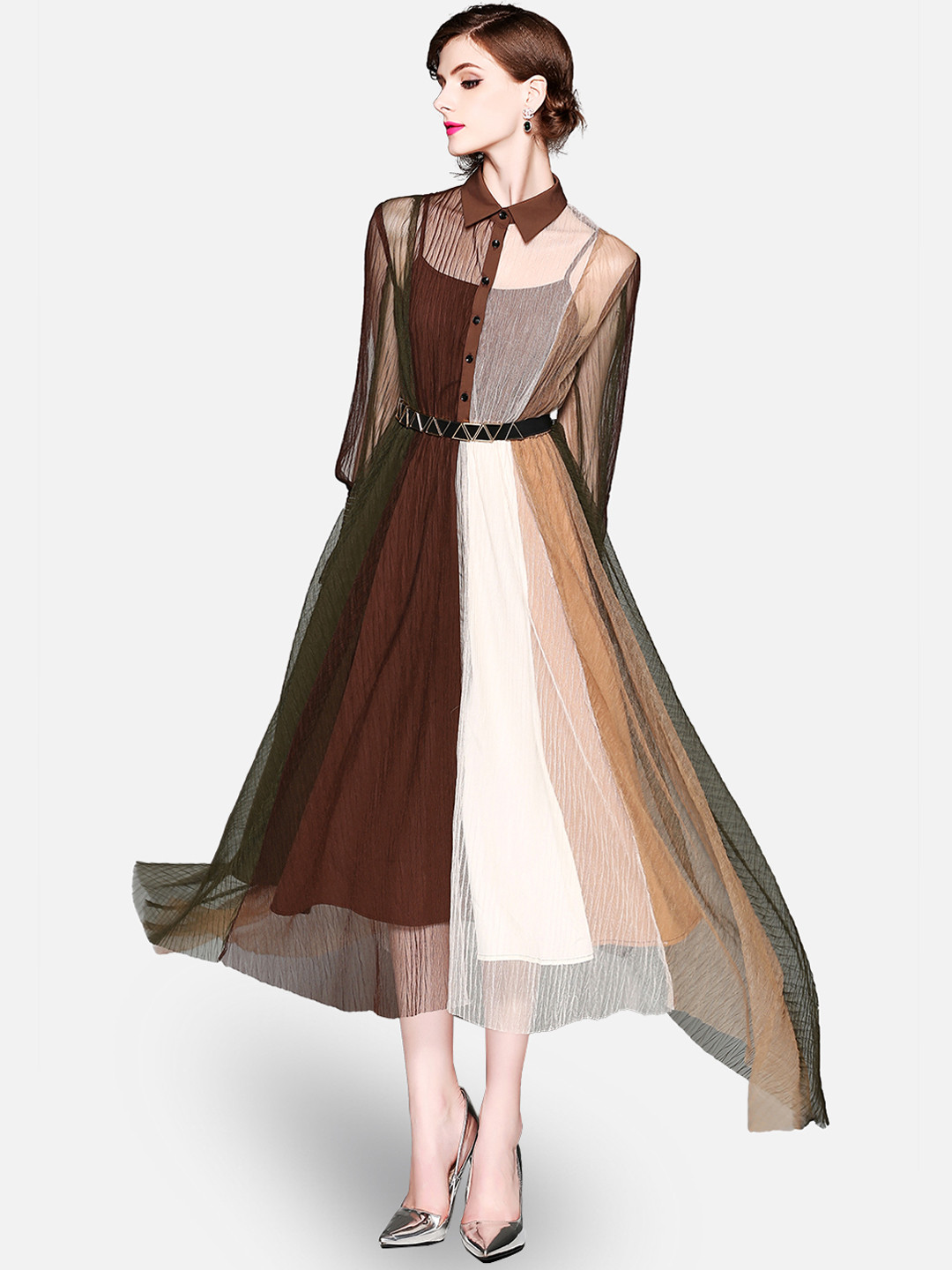 JC Collection Women Brown & White Belted Shirt Dress