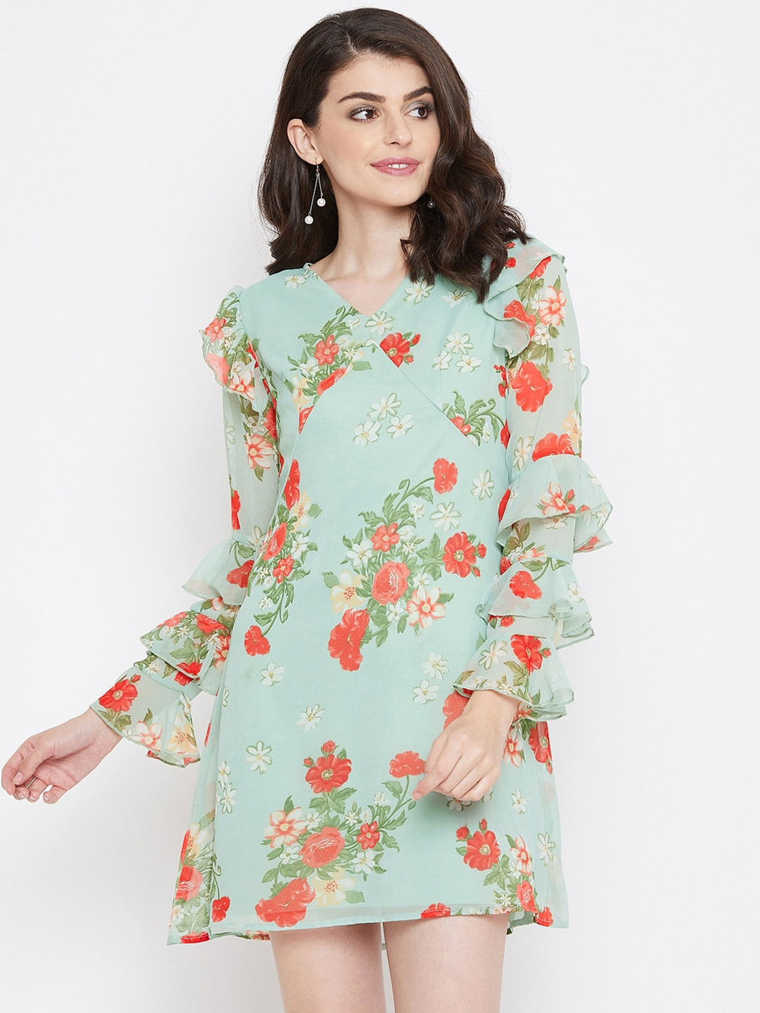 La Zoire Women Sea Green and Red Floral Printed Georgette A-Line Dress