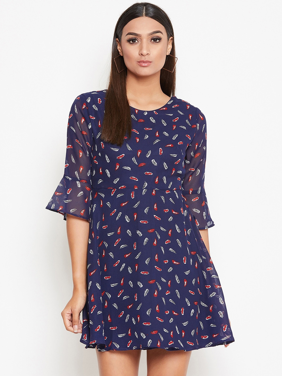 La Zoire Women Navy Blue Conversational Printed Georgette Fit and Flare Dress