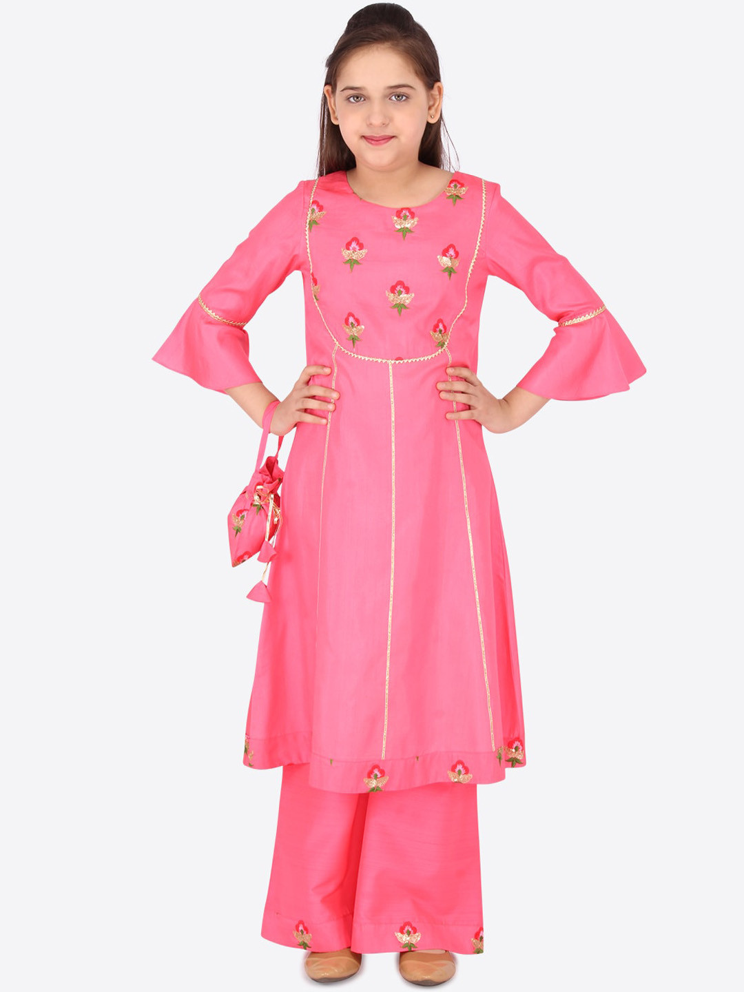 CUTECUMBER Girls Pink & Gold-Toned Floral Embroidered Sequinned Kurta Set with Potli