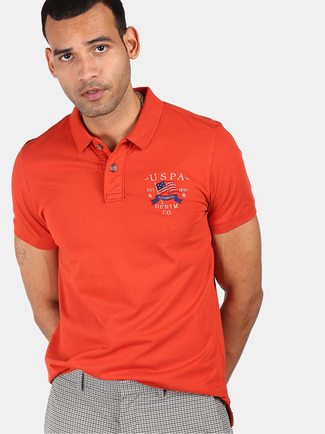 U.S. Polo Assn. Denim Co. Men Orange Brand Logo Polo Collar Pure Cotton T-shirt