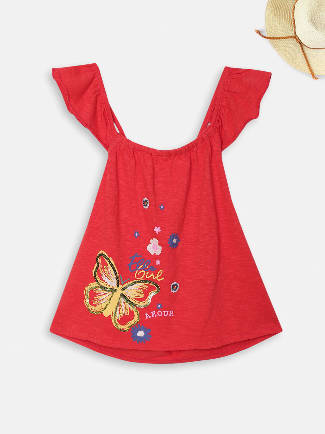 ELLE Girls Red & Yellow Printed Cotton Top