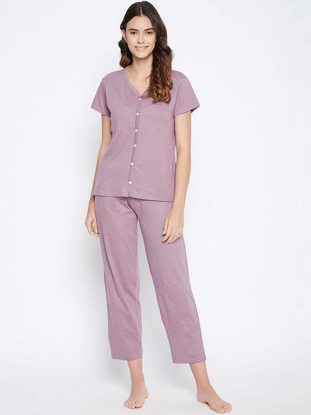 Clovia Women Printed Button Up Top & Pyjama