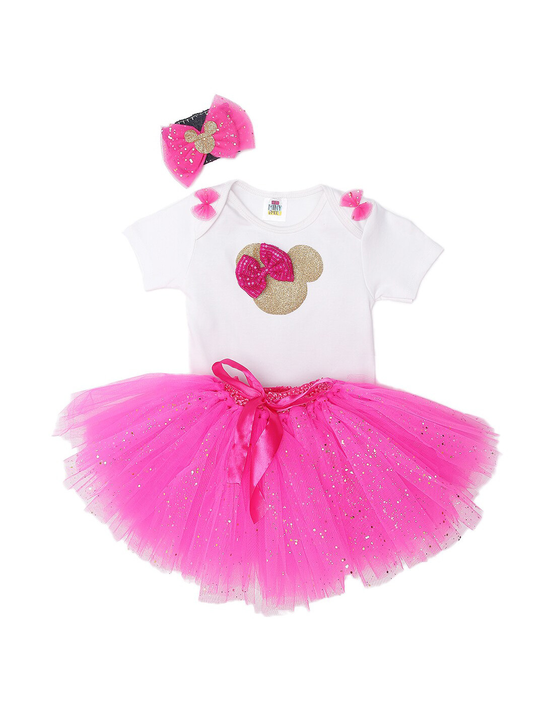 TINY MINY ME Girls Pink & White Embellished T-shirt with Skirt