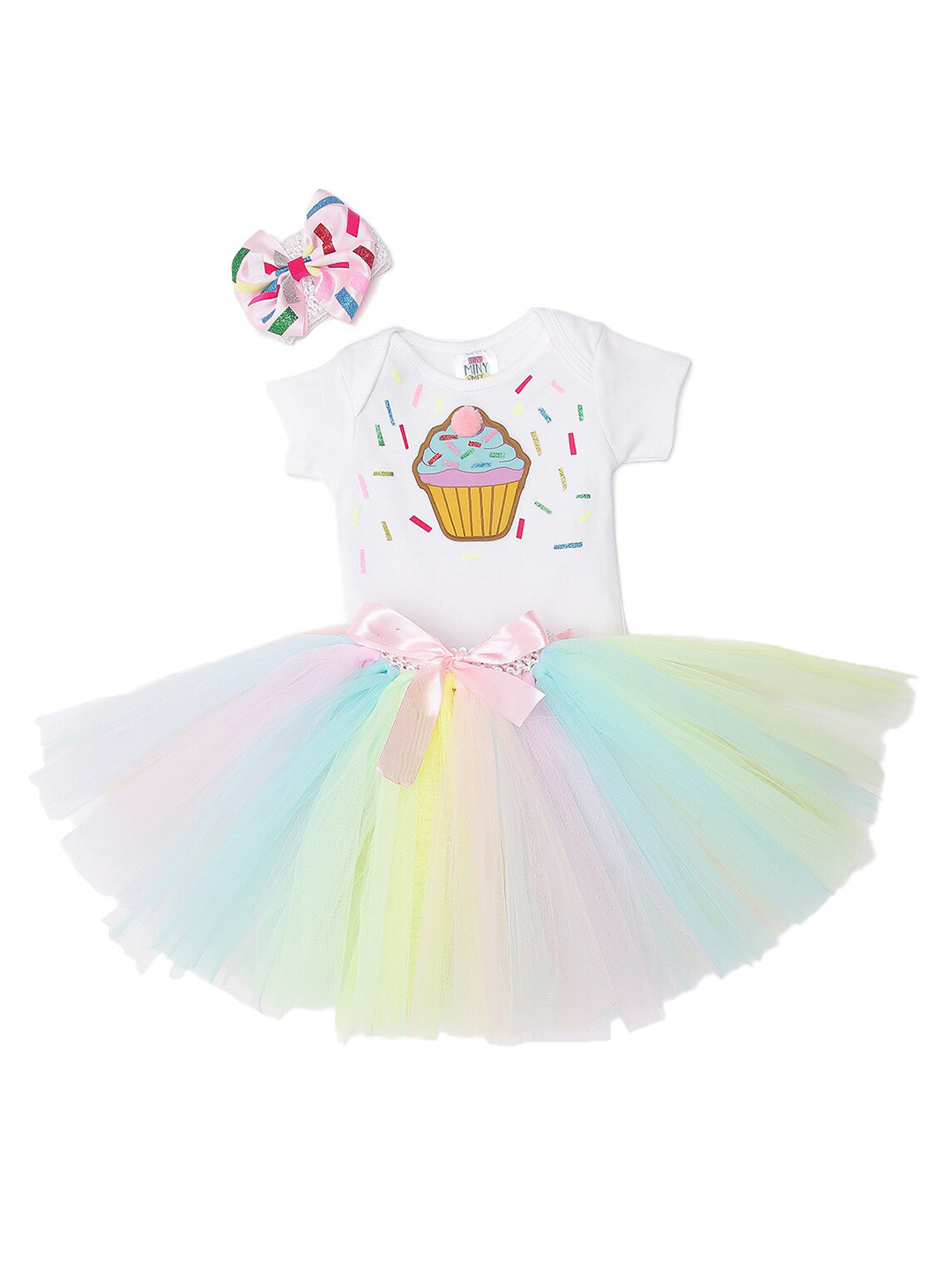 TINY MINY ME Girls White & Multicoloured Printed T-shirt with Skirt