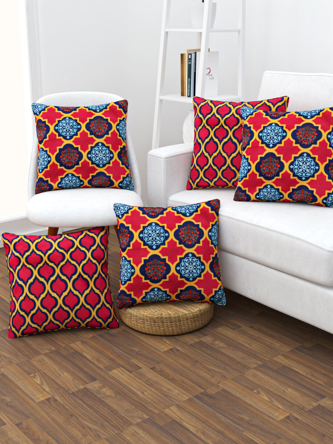 HAPPY HUES Red & Blue Set of 5 Ethnic Motifs Reversible Velvet Square Cushion Covers