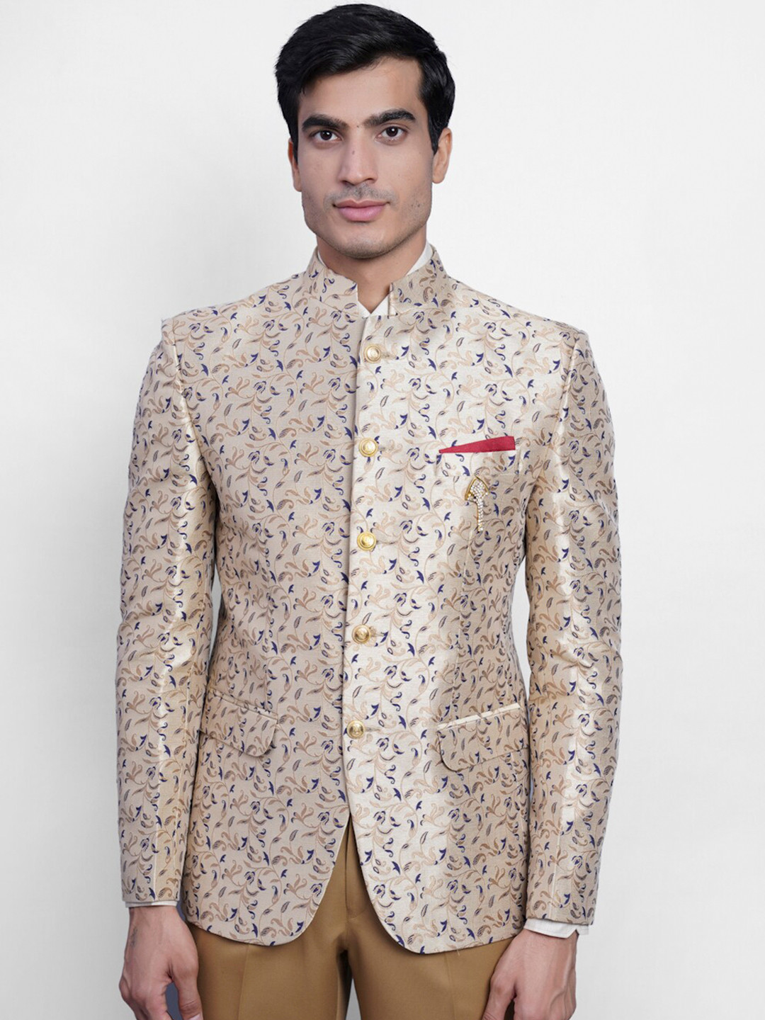 Wintage Men Beige & Blue Printed Banarasi Bandhgala Blazer