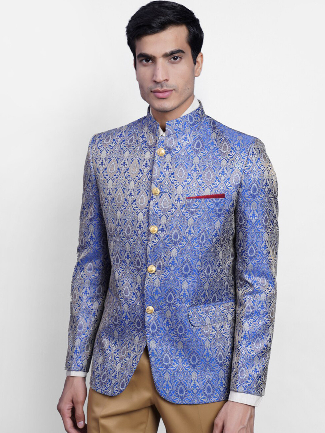 Wintage Men Blue & Grey Printed Regular-Fit Bandhgala Blazer