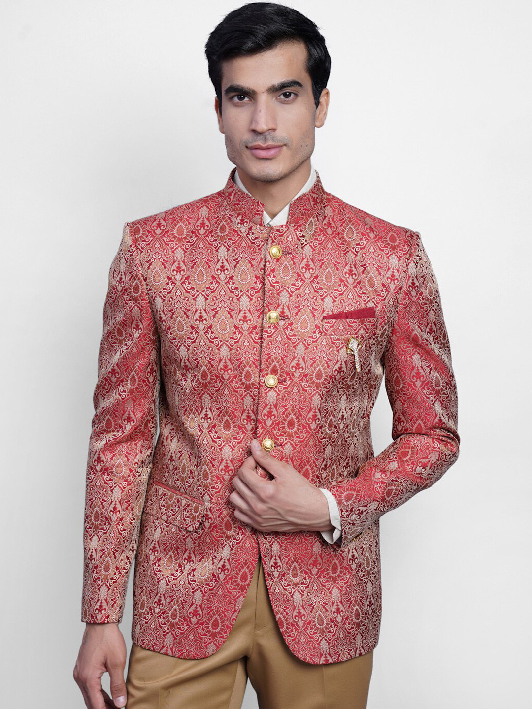 Wintage Men Red & Silver-Coloured Woven-Design Banarasi Bandhgala Party Blazer