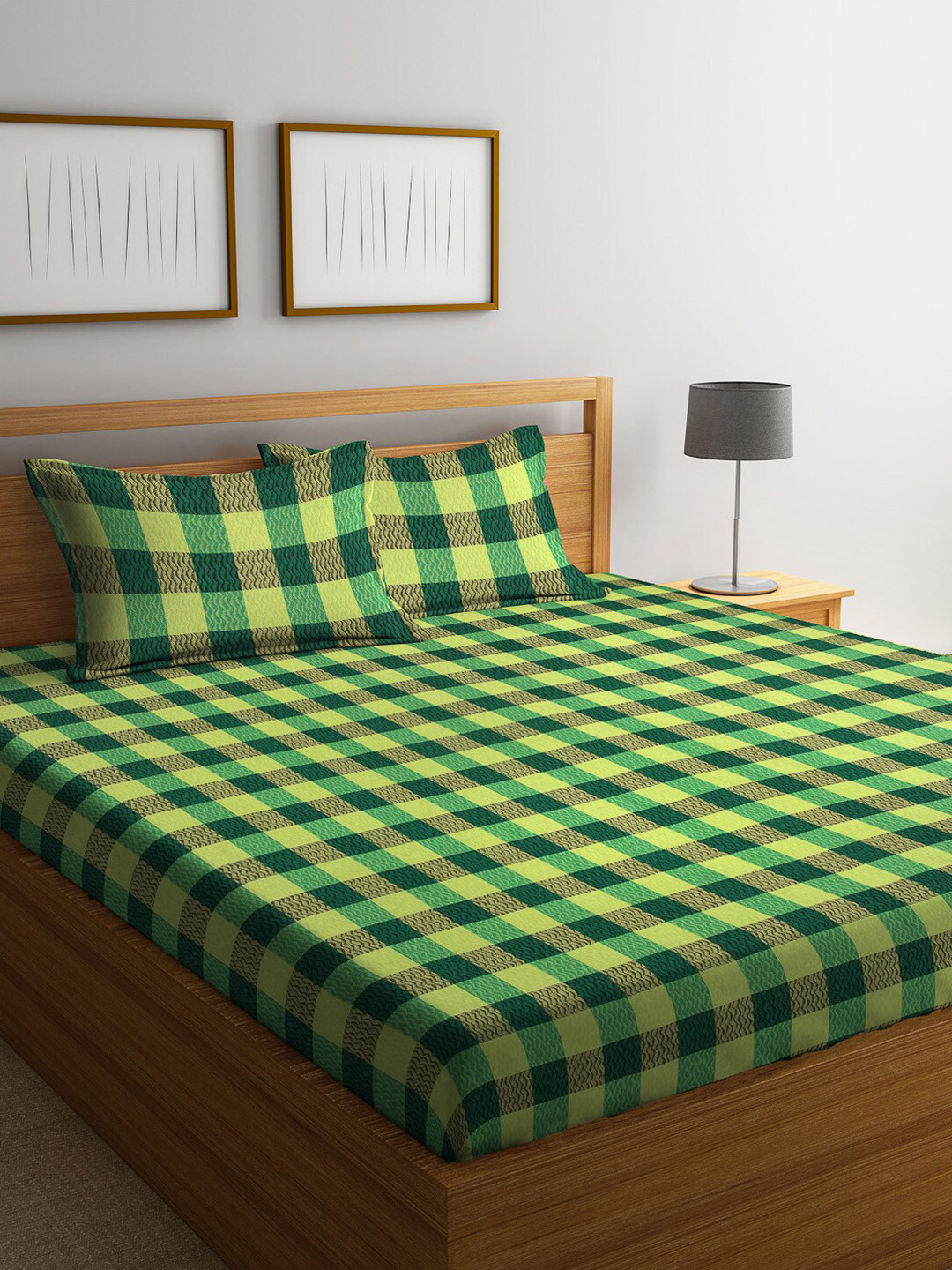 Arrabi Green Checked Cotton 300 TC King Fine Bedsheet with 2 Pillow Covers-98 x 89 inches