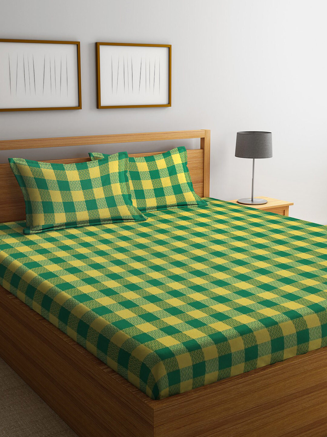 Arrabi Green Checked Cotton 300 TC King Fine Bedsheet with 2 Pillow Covers-102 x 102 inches