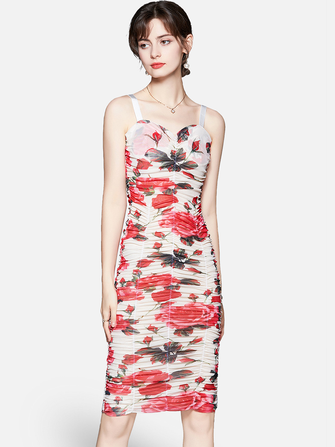 JC Collection Women Off White & Red Floral Ruched Bodycon Dress