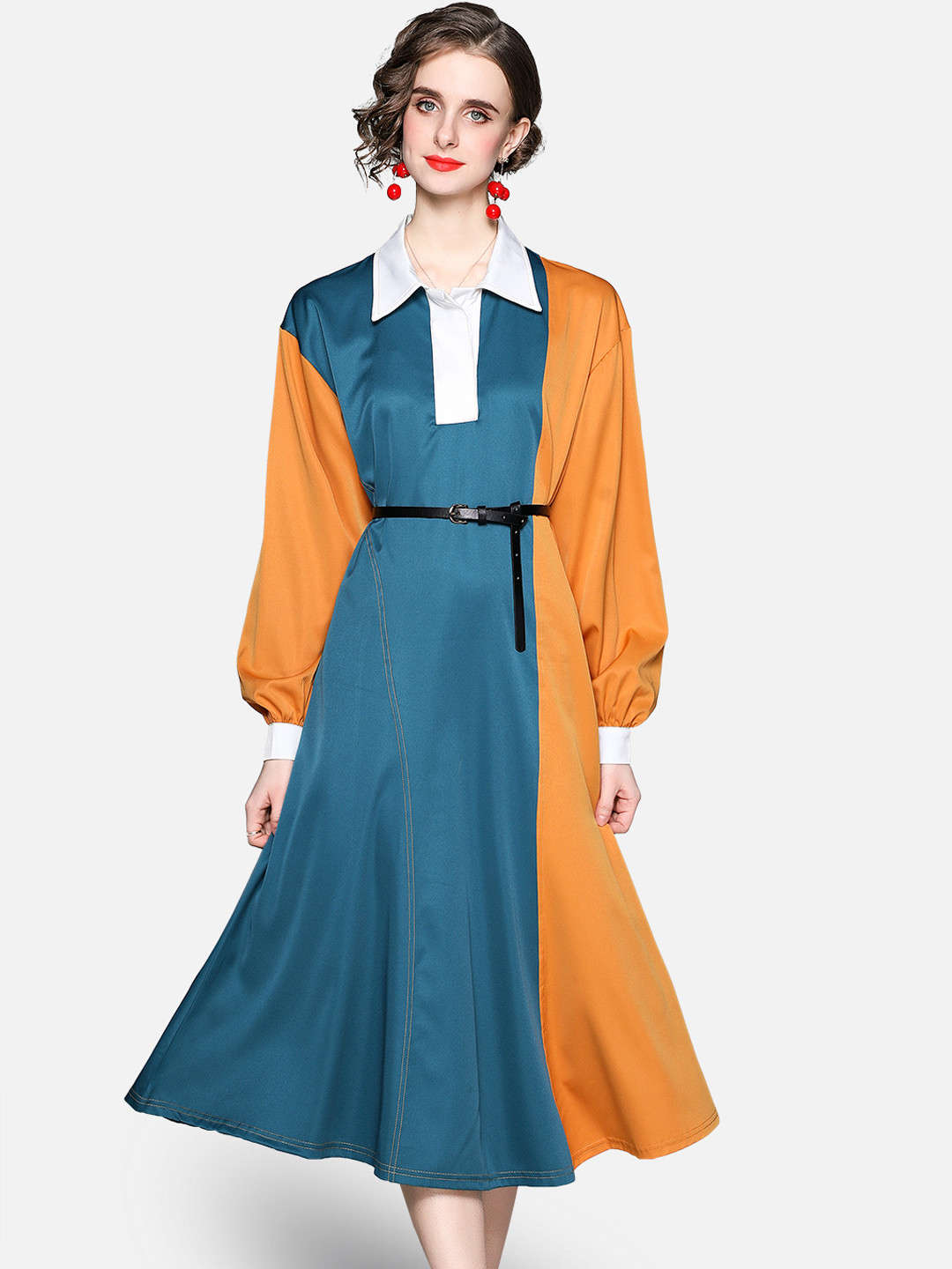 JC Collection Blue & Orange Colourblocked Chiffon Dress