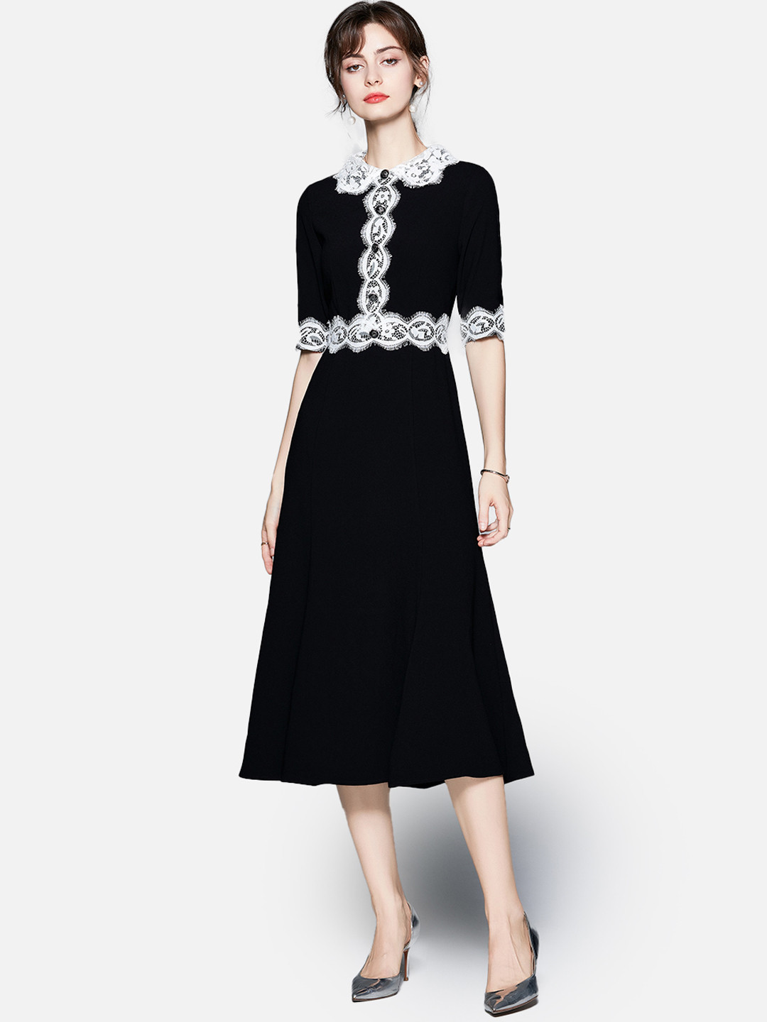 JC Collection Black & White Embellished Peter Pan Collar Midi Dress