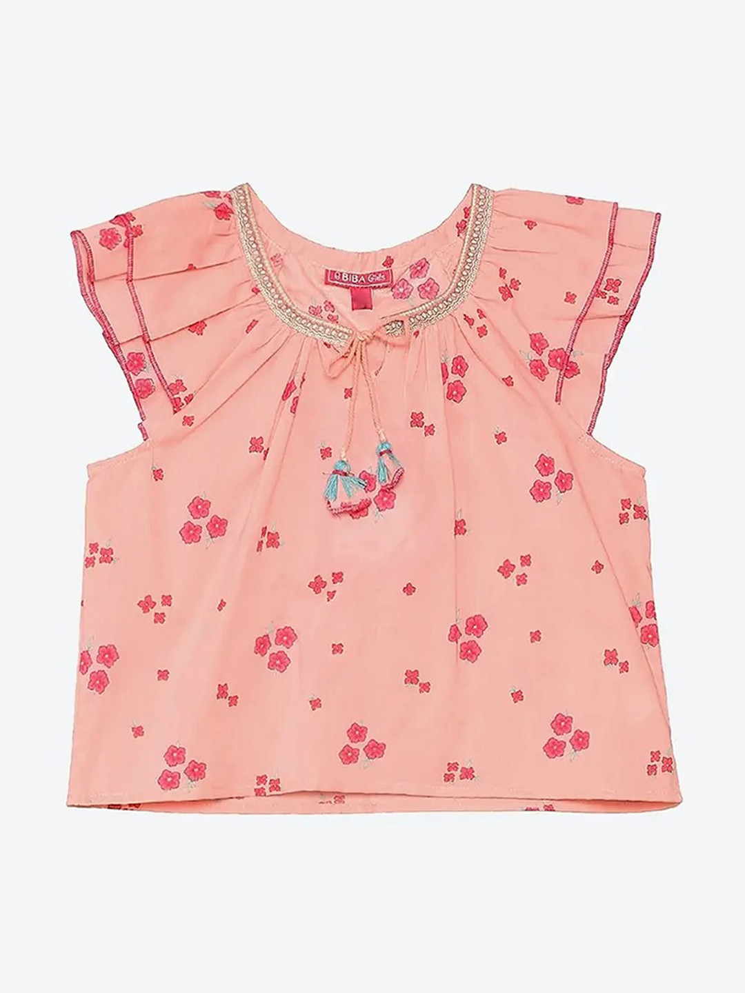 Biba Peach-Coloured & Red Floral Keyhole Neck Regular Top
