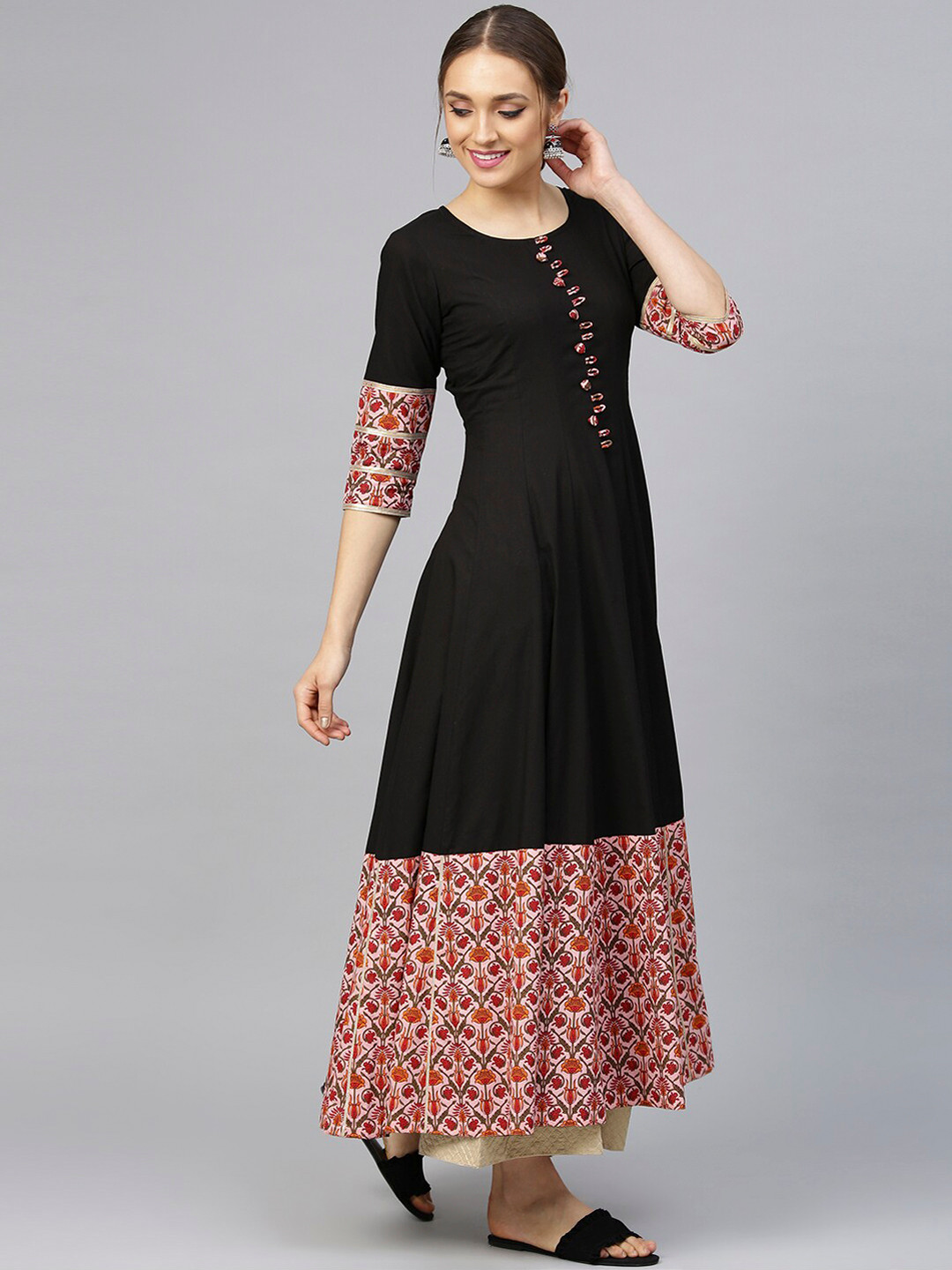 Idalia Women Black & Pink Jaal Printed Anarkali Kurta