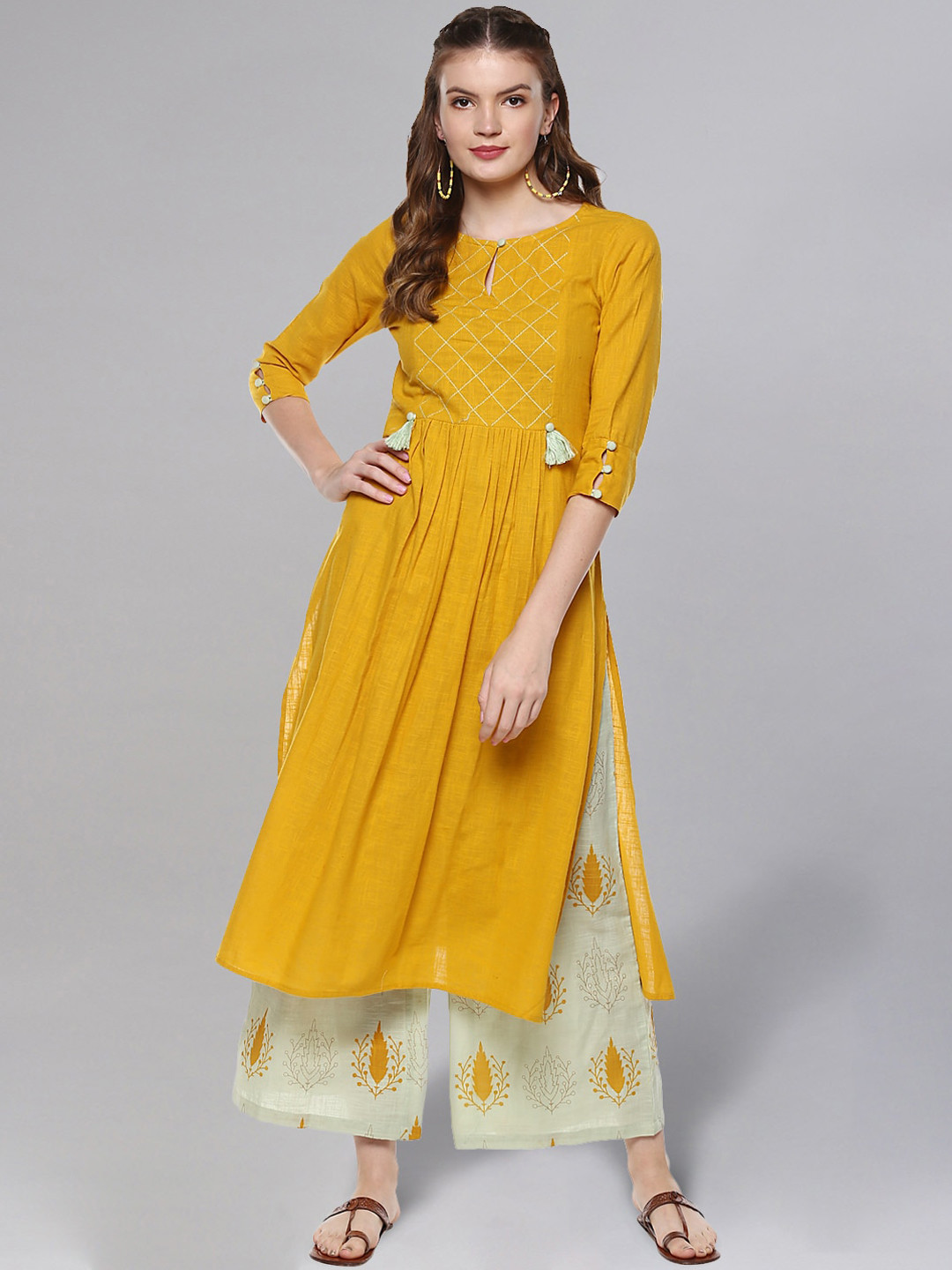 Idalia Women Mustard Yellow & Green Pleated Pure Cotton Kurta with Palazzos