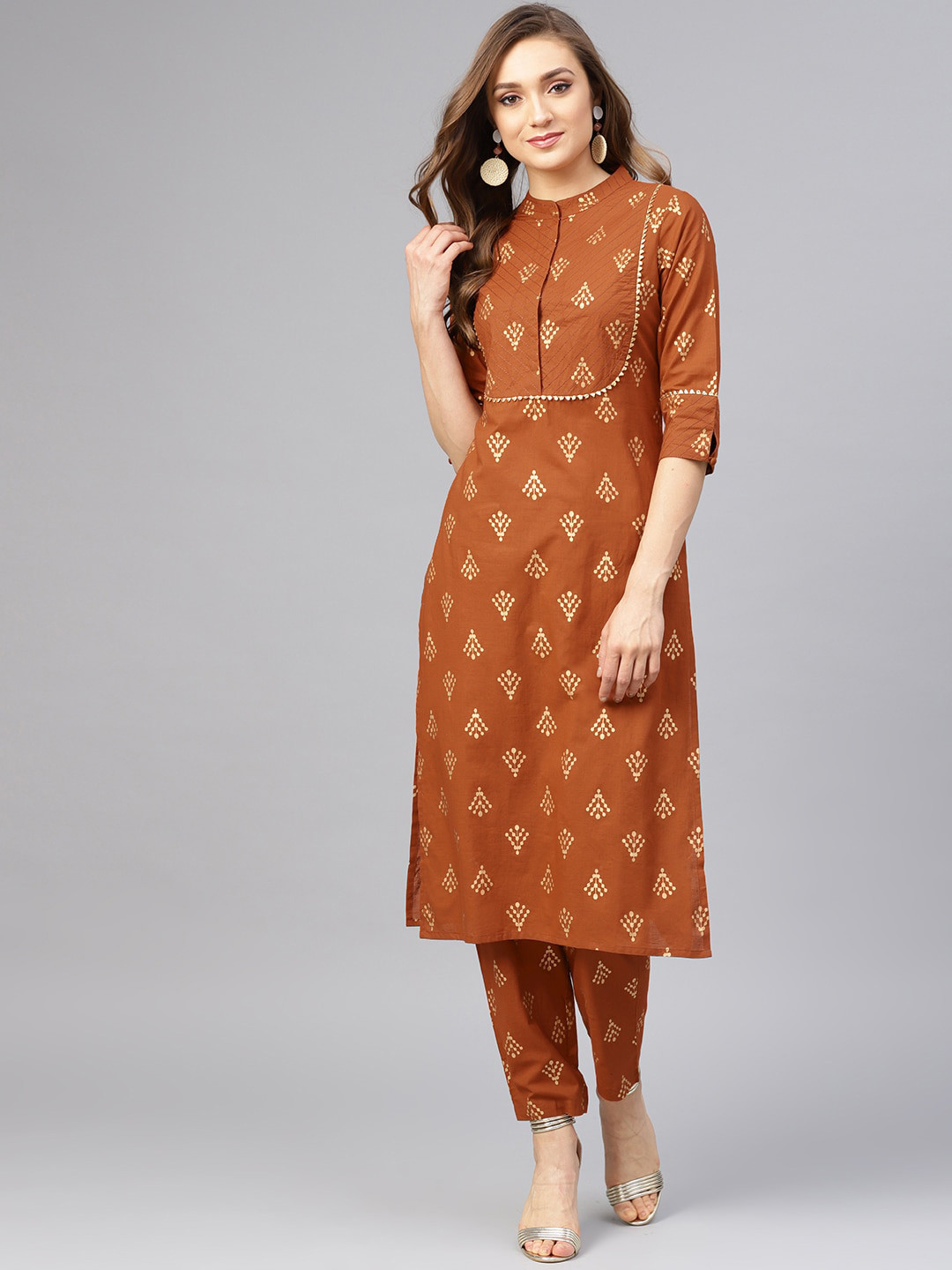Idalia Women Rust & Gold Coloured Motifs Printed Gotta Patti Cotton Kurta with Trousers