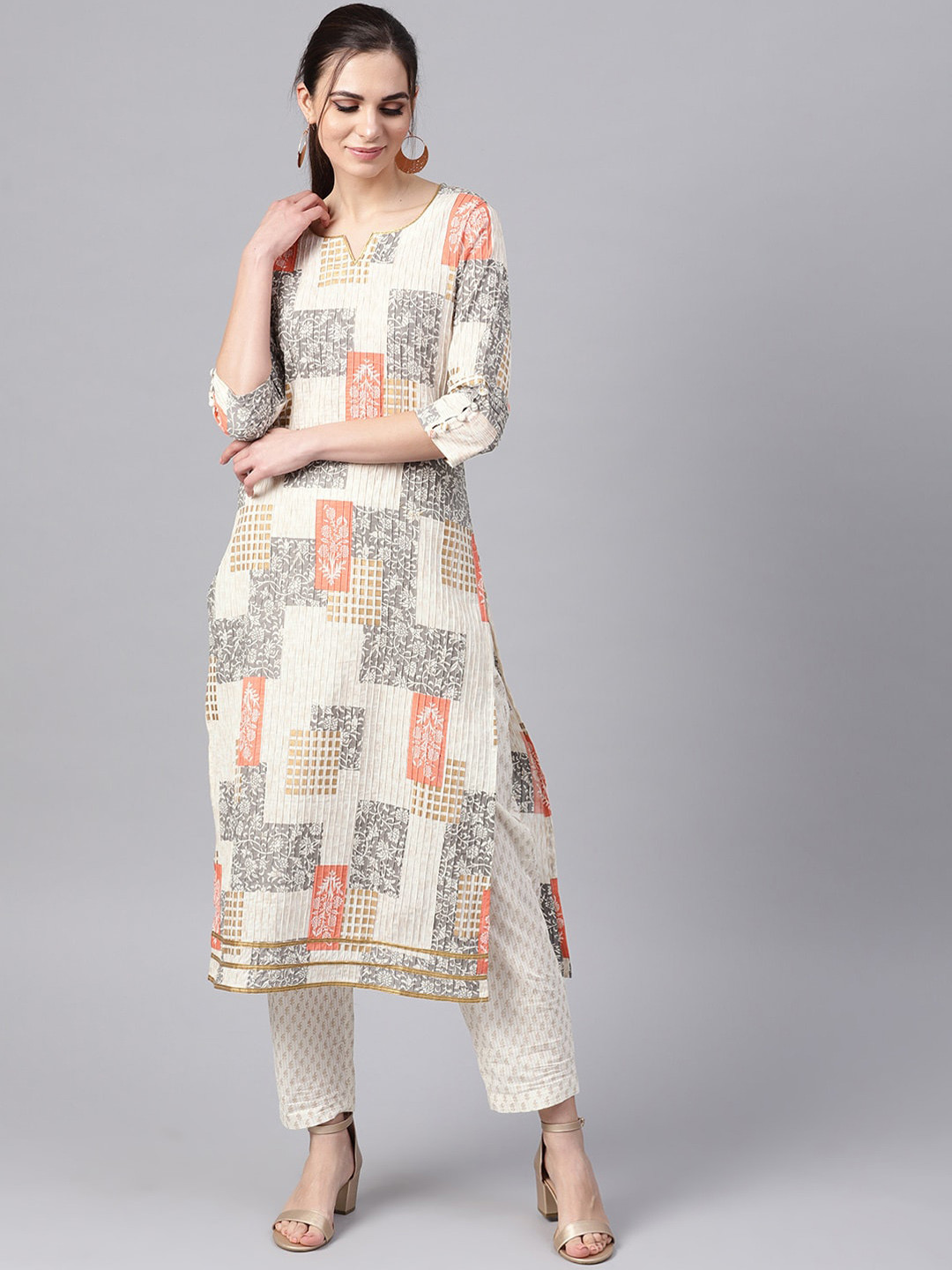 Idalia Women Off White & Gold Coloured Printed Gotta Patti Cotton Kurta with Trousers