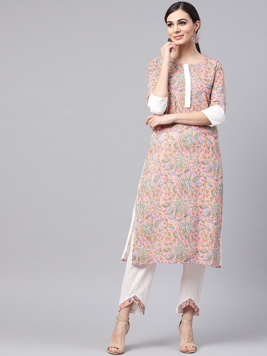 Idalia Women Pink & White Floral Printed Regular Pure Cotton Kurta with Trousers