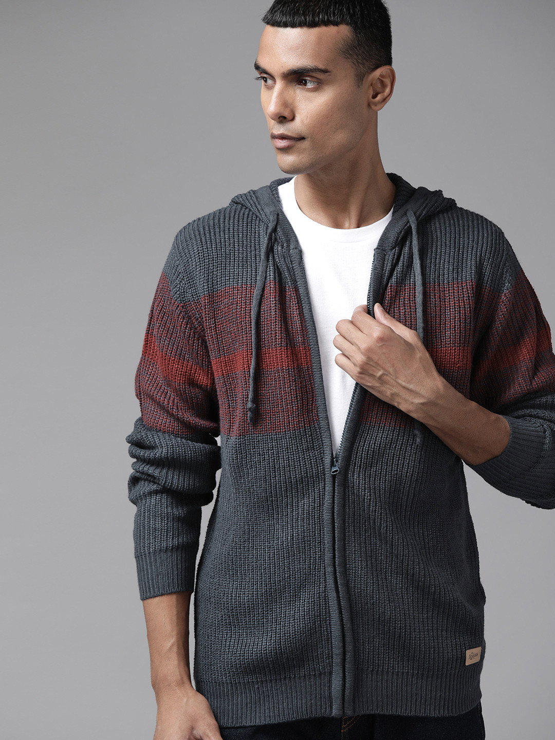 Roadster Men Navy Blue & Maroon Striped Hooded Cardigan