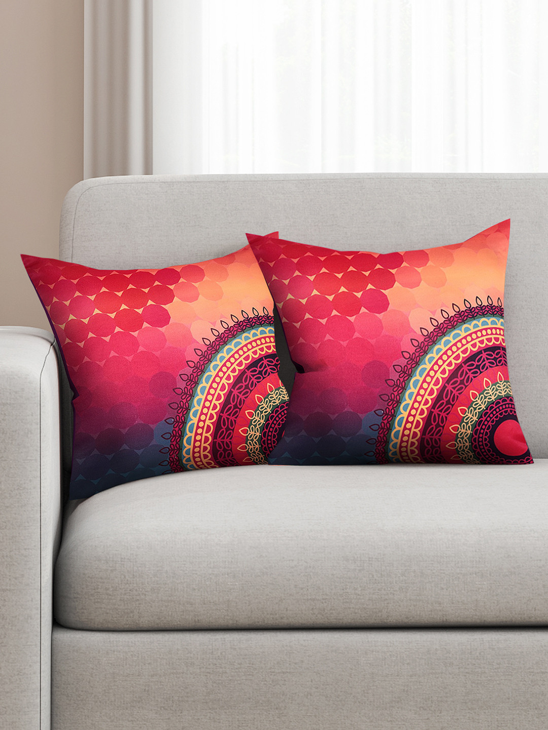 SEJ by Nisha Gupta Ethnic Motifs Polyester Silk Washable 2 Pcs Cushion Covers -16x16In