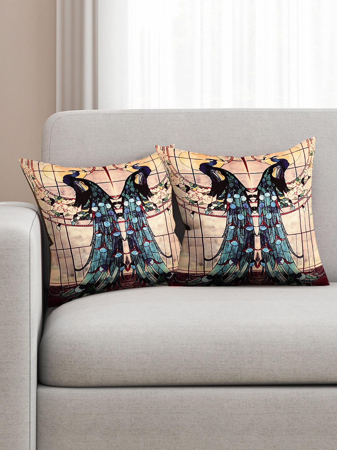 SEJ by Nisha Gupta Conversational Silk HD Digital 2 Pcs Square Cushion Covers -16x16In