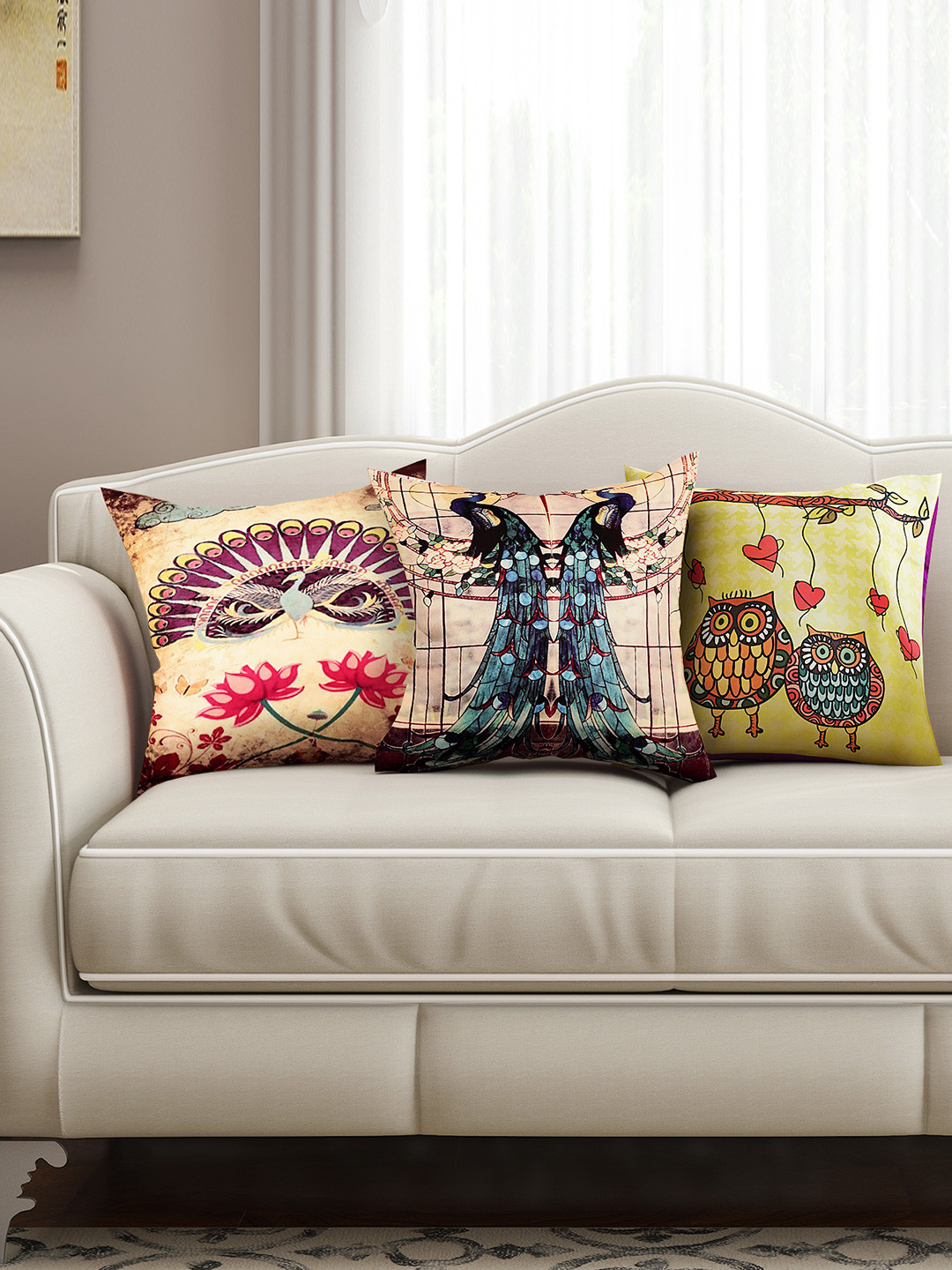 SEJ by Nisha Gupta Ethnic Motifs Silk HD Digital 3 Pcs Cushion Covers -16x16In
