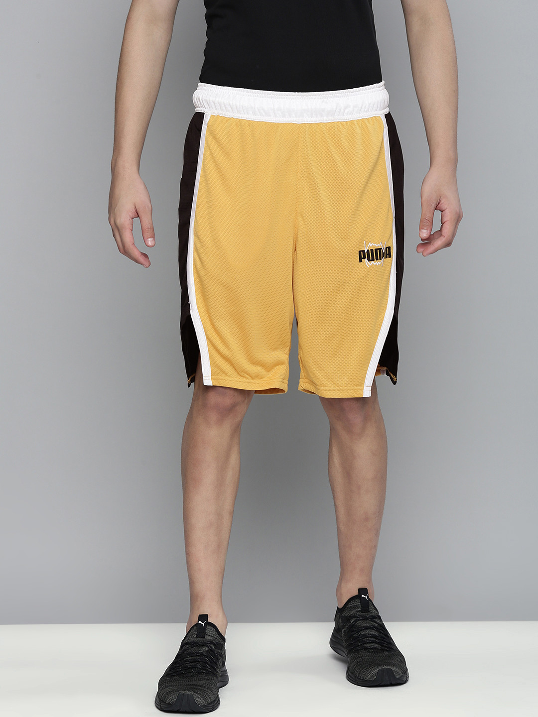PUMA Hoops Men Mustard Yellow & Black Colourblocked dryCELL Curl Knitted Sports Shorts