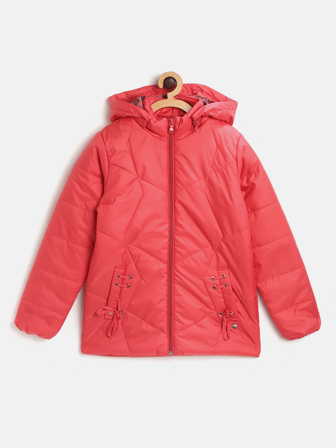 Monte Carlo Girls Coral Red Solid Quilted Jacket with Detachable Hood