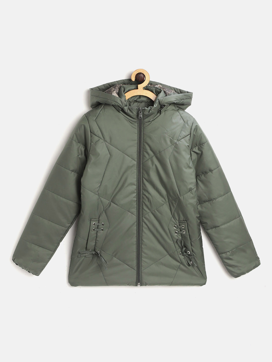 Monte Carlo Girls Olive Green Solid Quilted Jacket with Detachable Hood