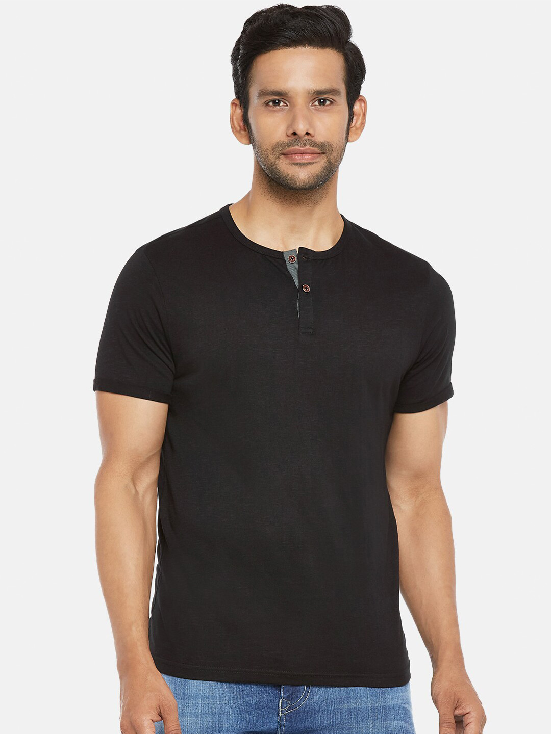 People Men Black Henley Neck Cotton T-shirt
