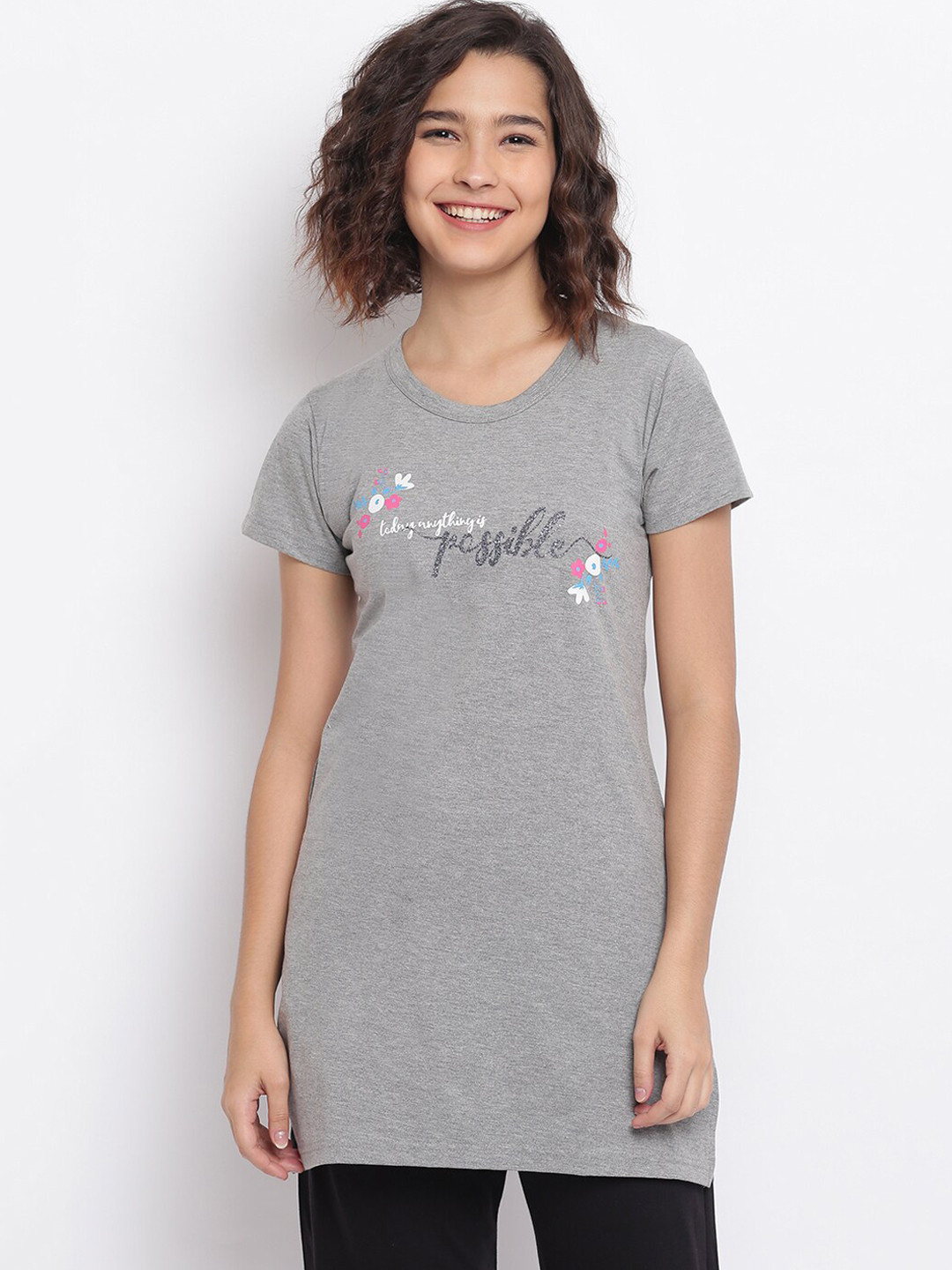 Duchess Women Grey & White Printed Lounge T-shirt