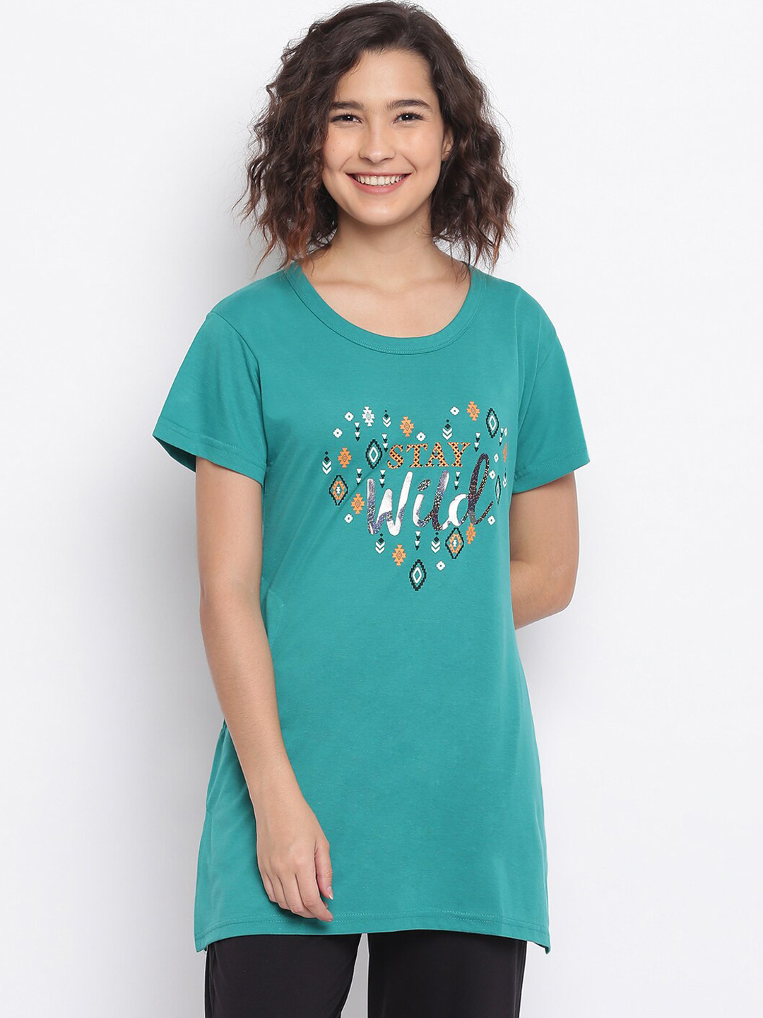 Duchess Women Green & White Printed Lounge T-Shirt
