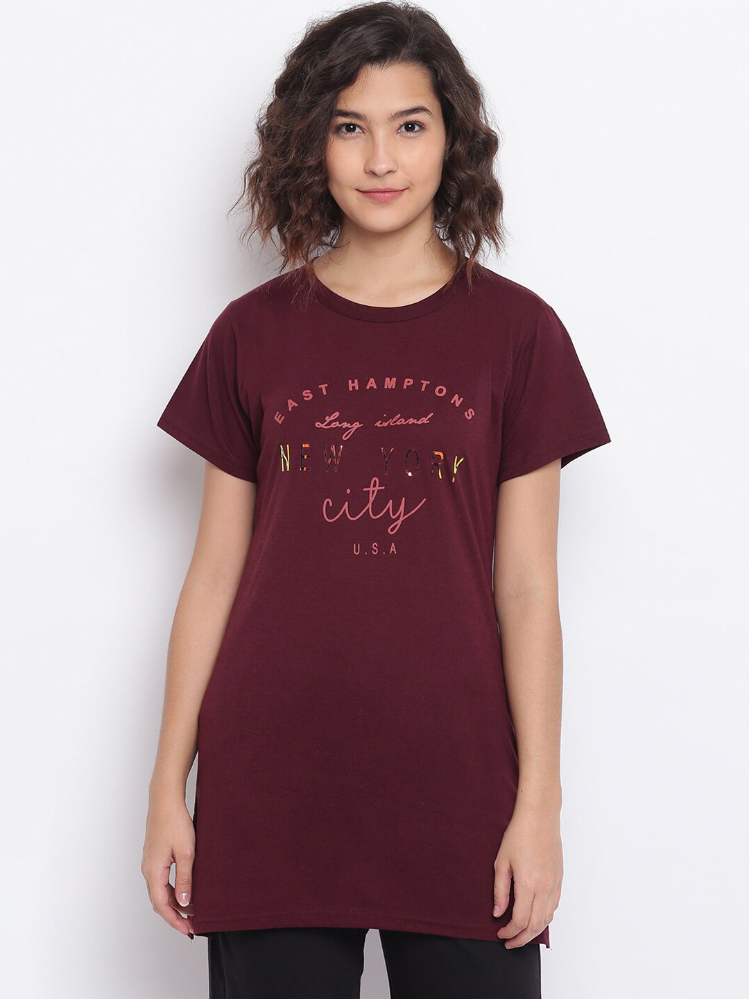 Duchess Women Maroon & Yellow Printed Lounge T-Shirt