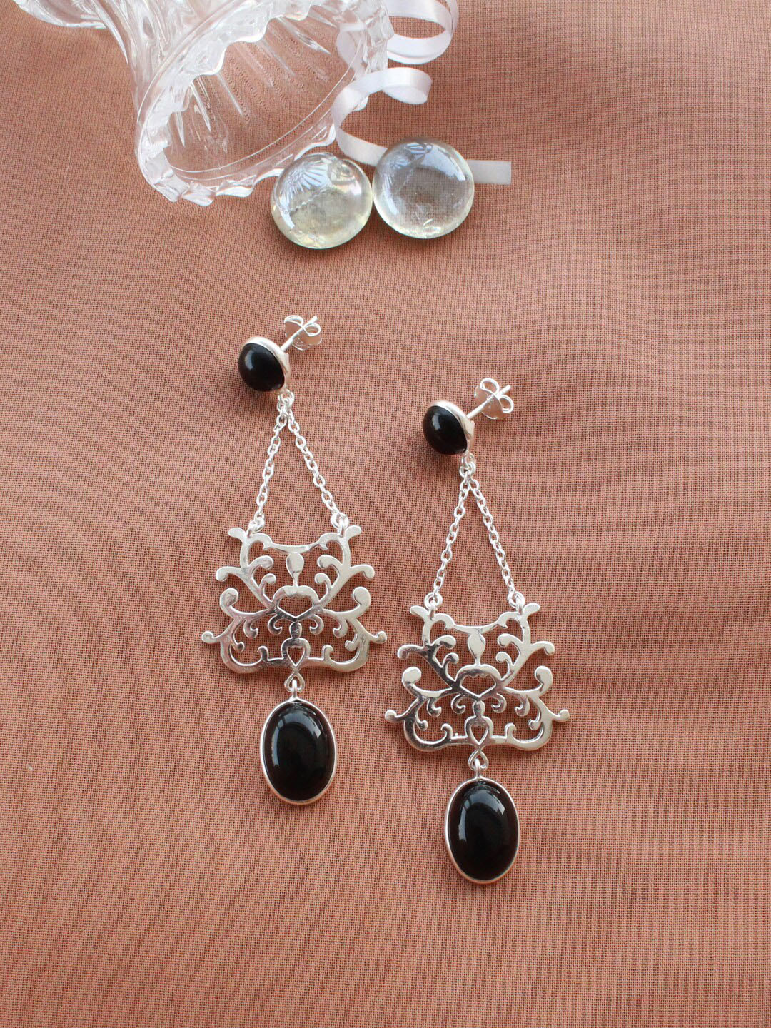 ERILINE JEWELRY Silver-Toned Silver-Plated Black Contemporary Drop Earrings