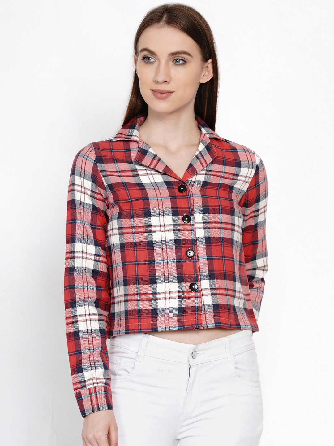IX IMPRESSION Women Red & White Checked Shirt Style Crop Top