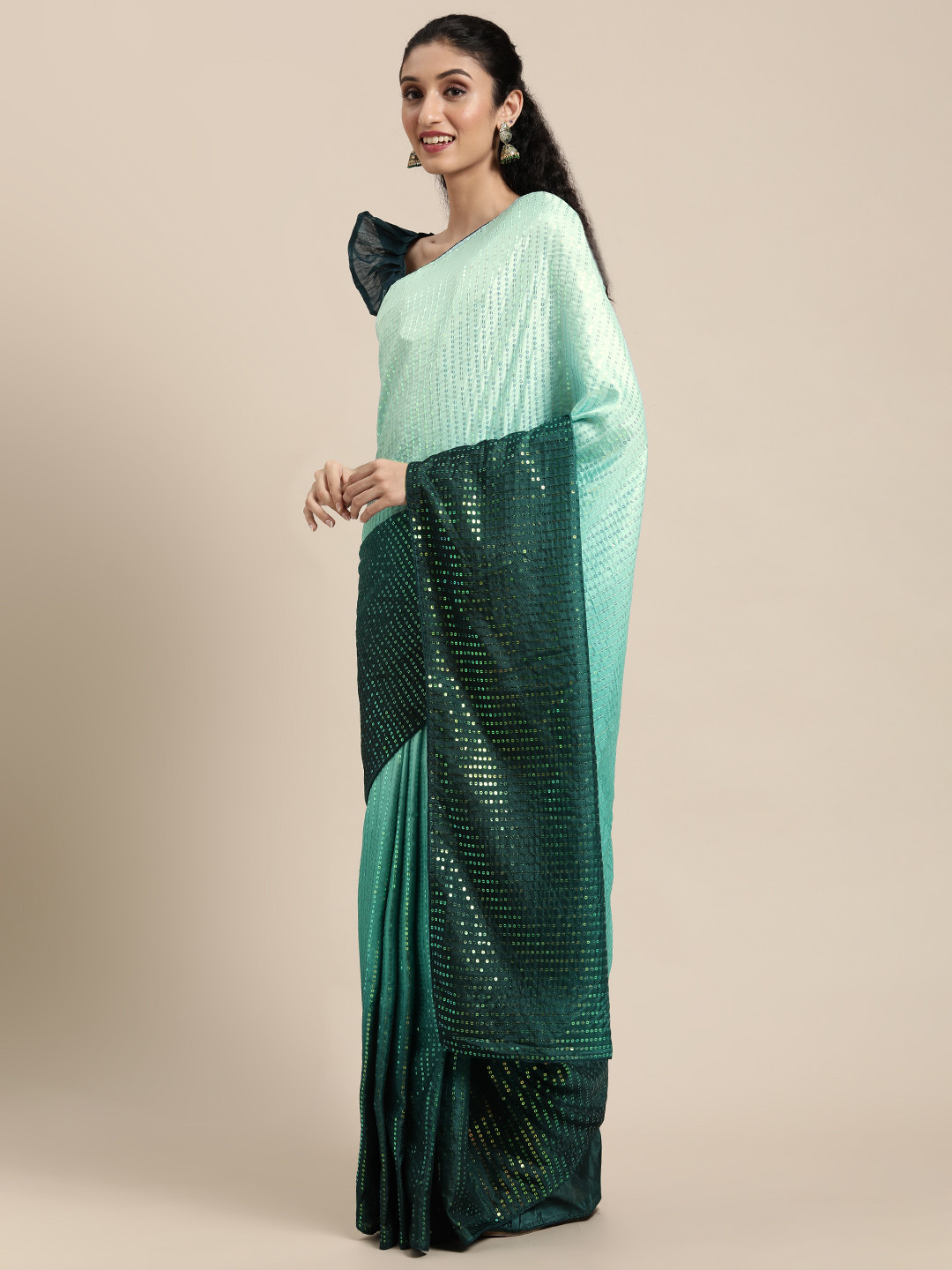 Mitera Green & Sea Green Ombre Sequinned Silk Blend Heavy Work Saree