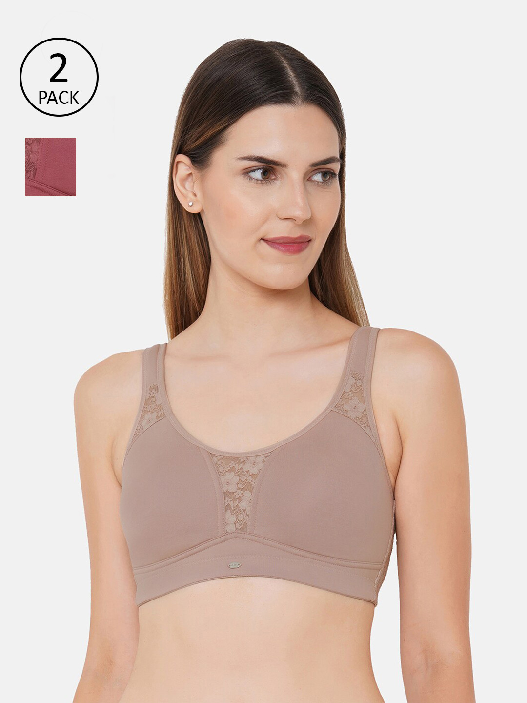 Soie Women Pack Of 2 Non Padded Non-Wired Full Coverage Stretch Cotton Minimizer Bras